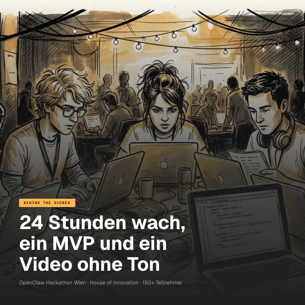 Zeitungsstil-Illustration: Fünf Personen an einem Tisch mit Laptops beim OpenClaw Hackathon Wien
