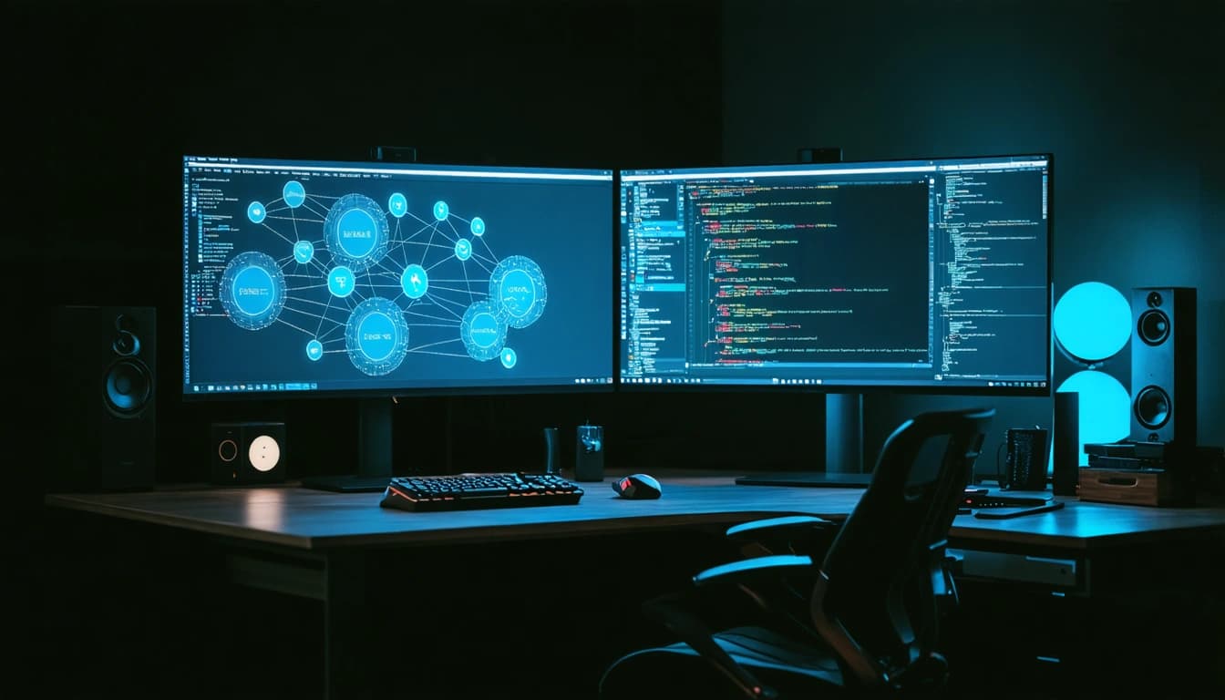 Schreibtisch mit mehreren Monitoren, Code und Workflow-Diagrammen