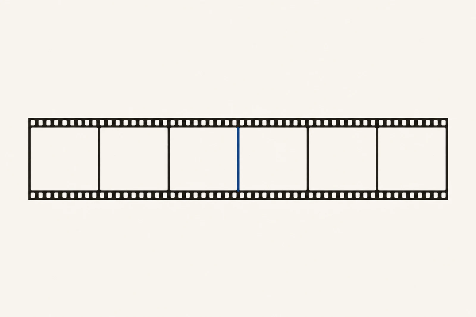 Filmstreifen mit sechs leeren Kadern, zwischen zwei Kadern eine tiefblaue Schnittlinie.