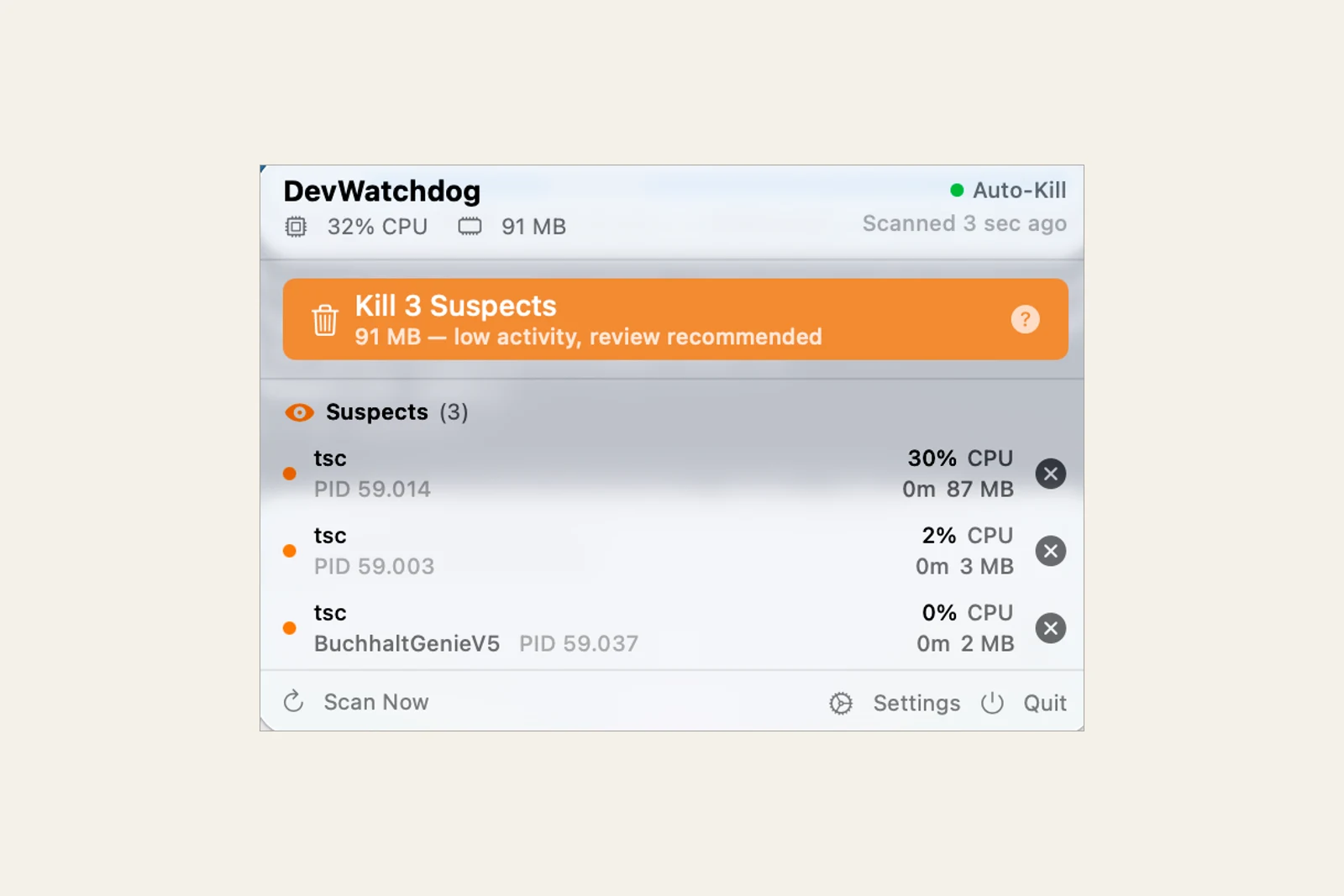 Screenshot of the DevWatchdog menu bar panel: CPU and RAM readout, kill button and three detected tsc processes