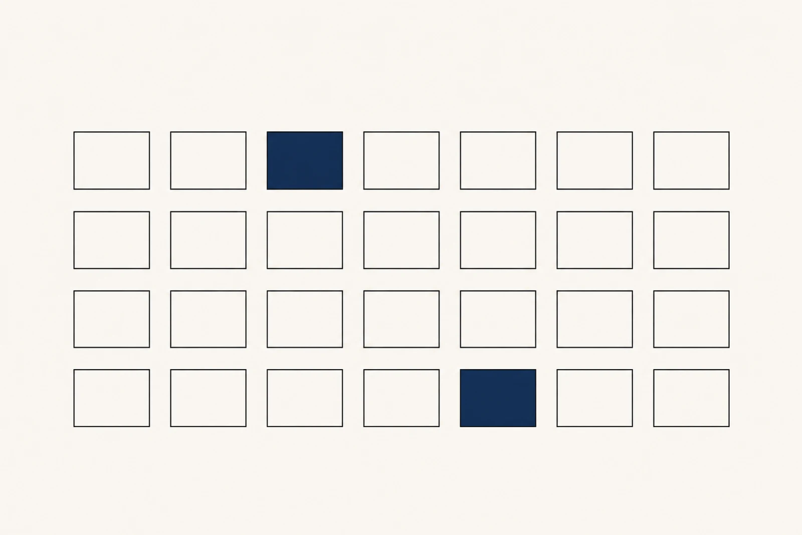 Grid of equally sized graphite-outlined rectangles, exactly two of them filled deep ink blue.