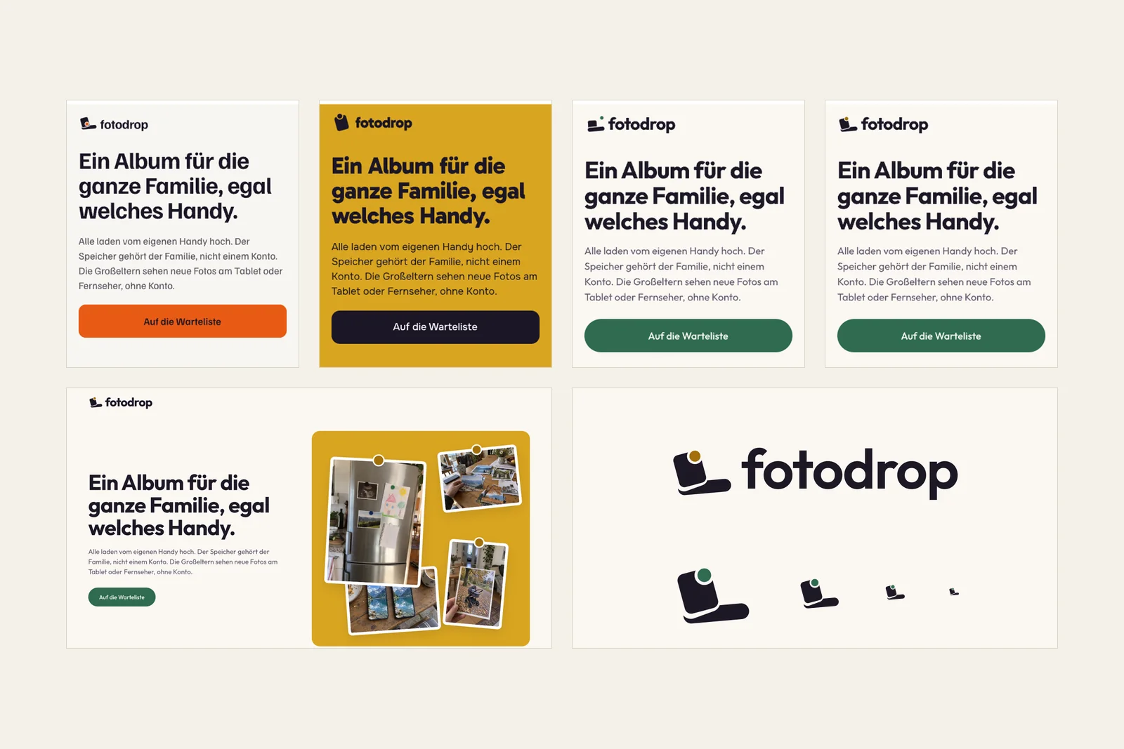 Contact sheet from the design session: German-language landing page mockups for FotoDrop and several logo mark variants