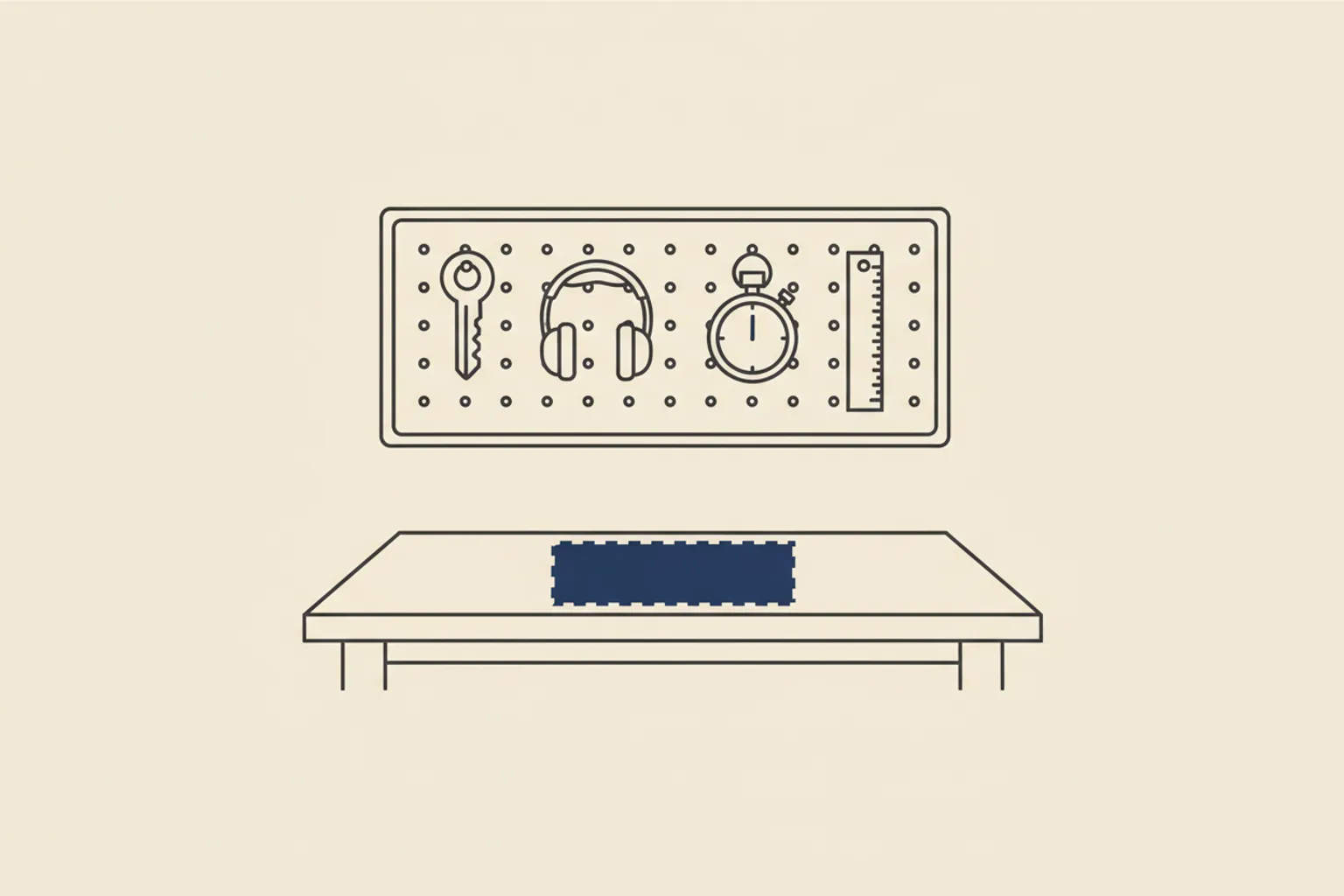 Technical drawing: tools hang ready on a pegboard, while the workbench below holds only one marked, empty space.