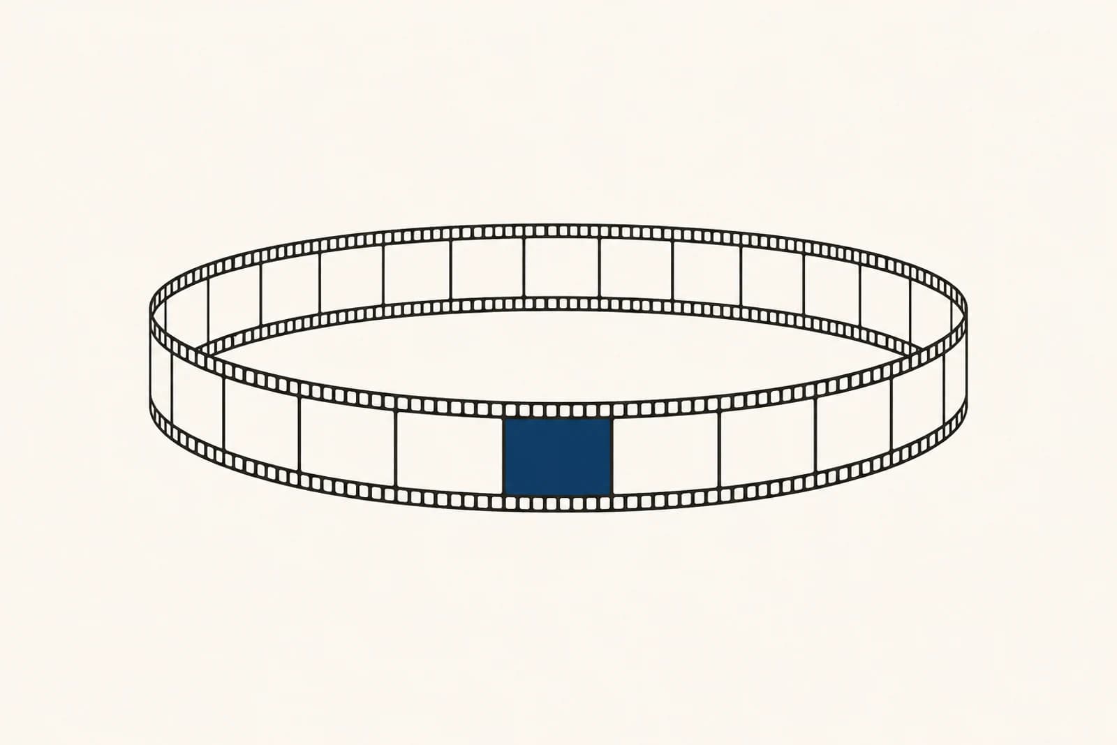 Line drawing: a film strip forming a closed loop, one single frame filled in ink blue