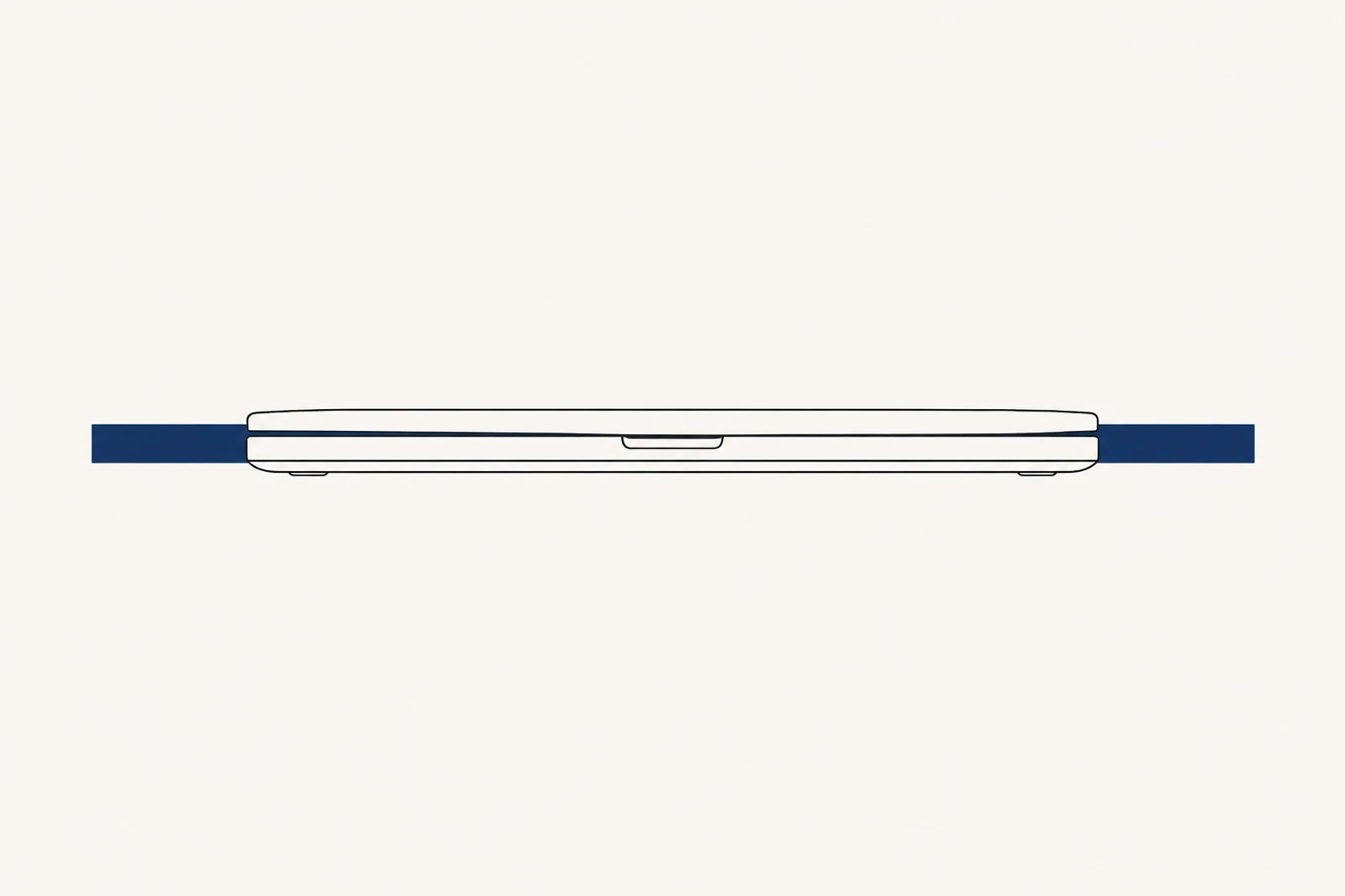 Line drawing: a flat laptop in side elevation pierced by a blue slab that juts out on both ends