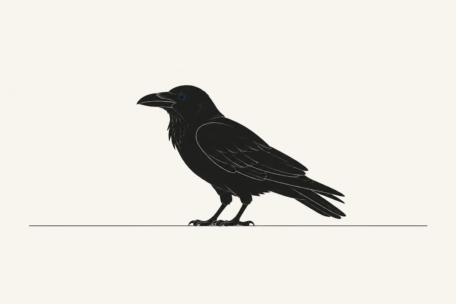 Raven in profile on a thin rule, flat graphite drawing, its eye a single ink-blue dot.