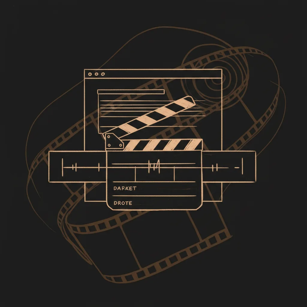 Editorial-Tuschezeichnung in Dunkel und Bernstein: eine Filmklappe und ein Schnitt-Timeline-Balken vor einem Terminal-Fenster, im Hintergrund eine angedeutete Filmrollen-Silhouette, Fokus auf dem Schnittpunkt zwischen Mensch und Maschine