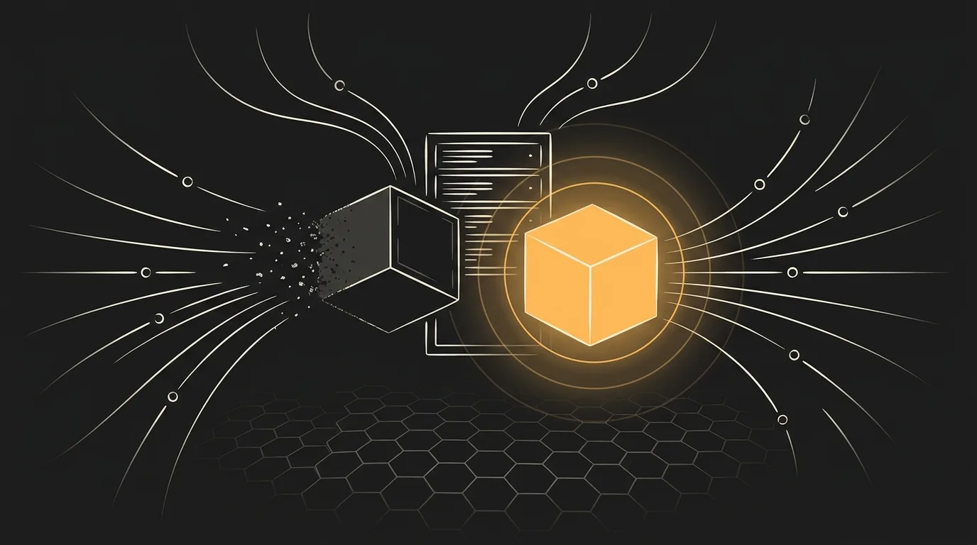 Editorial ink illustration: a dark cube dissolves into particles while a glowing amber cube appears next to a server rack. Visual metaphor for swapping the AI layer from OpenClaw to Hermes Agent.