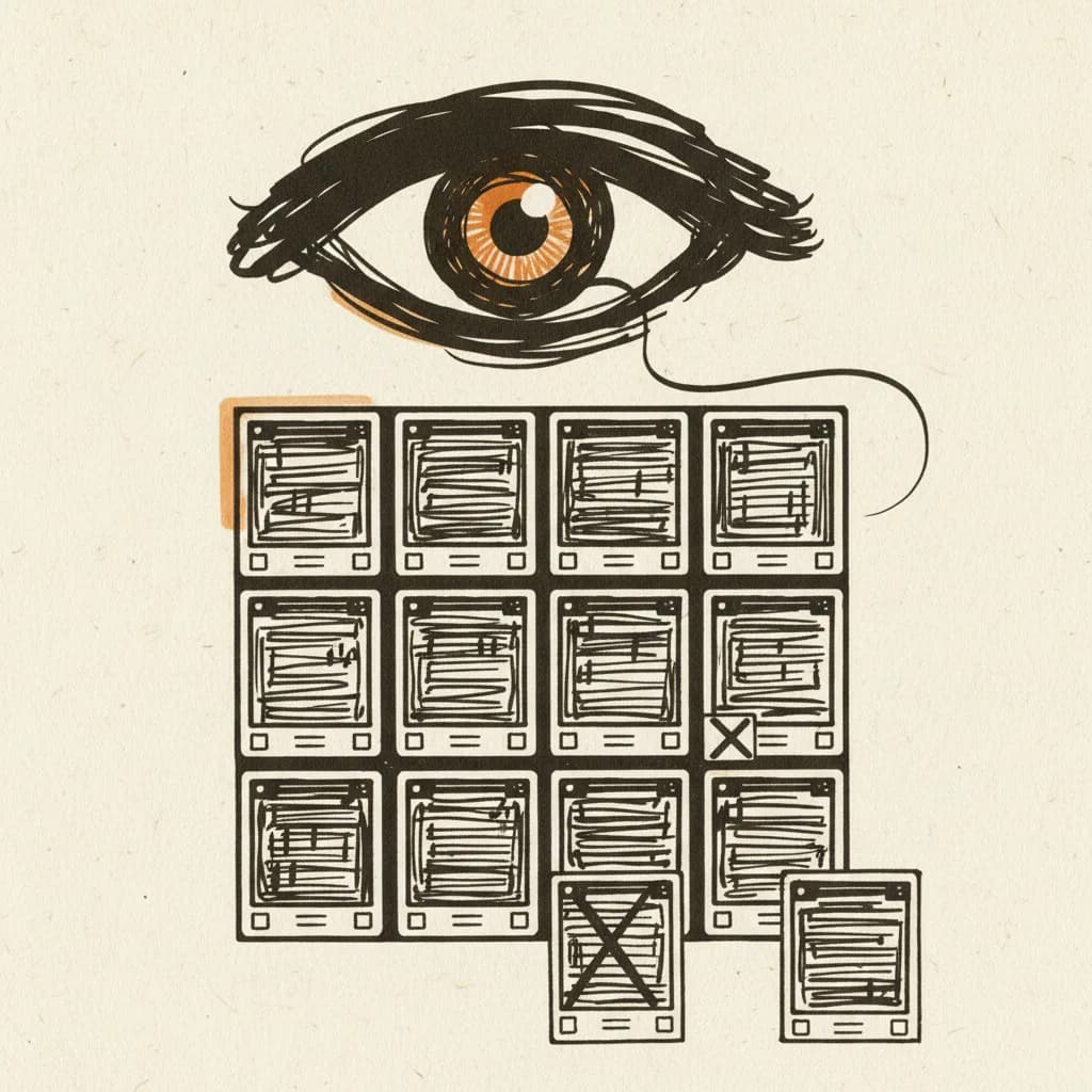 Editorial ink illustration in dark sepia and amber tones: a grid of Instagram tiles where lines of text slot precisely into fixed templates, while a second watchful eye in the background inspects and rejects individual tiles