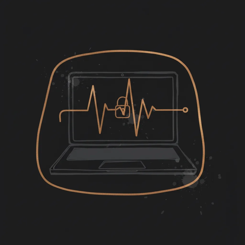 Editorial ink illustration of a laptop with a visible sound wave that stays fully inside a closed contour, dark background with amber accents