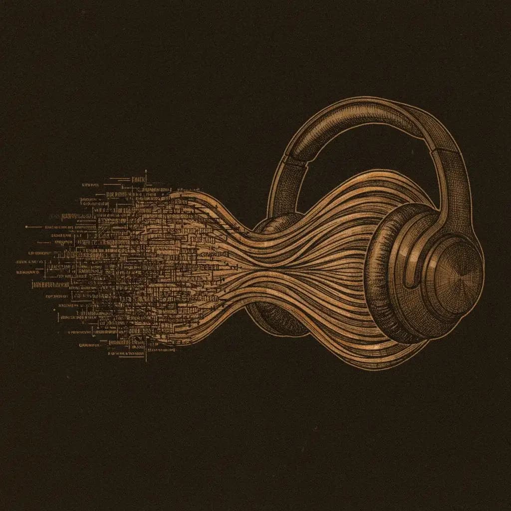 A preparation document dissolving into sound waves and headphones -- abstract ink sketch in amber and sepia tones