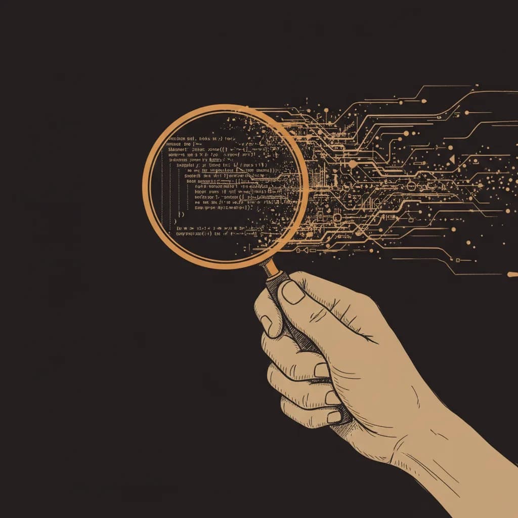A hand with a magnifying glass inspecting flowing code on a dark background, sepia-amber ink sketch