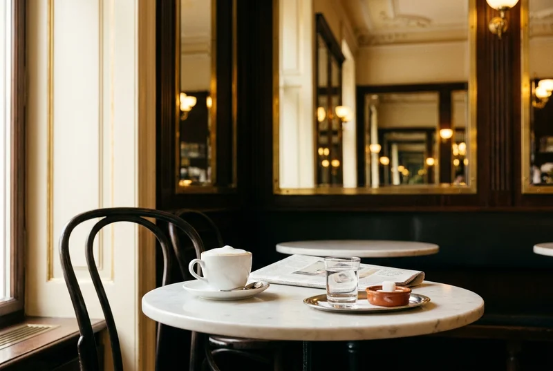 Wiener Kaffeehaus-Interior mit Marmortisch, Thonet-Stuhl und Mélange, Wien-Atmosphäre