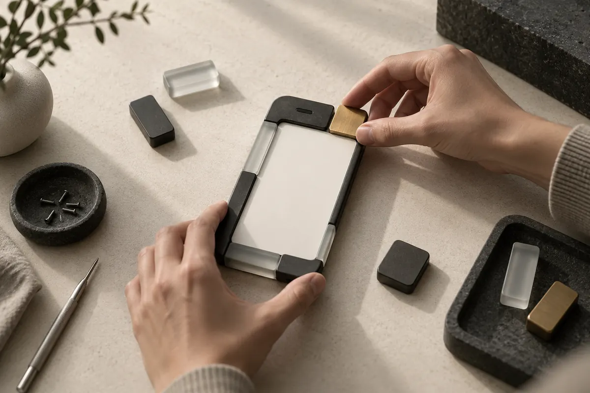 Two hands assemble a phone-shaped frame from modular blocks, setting the last brass piece in place.