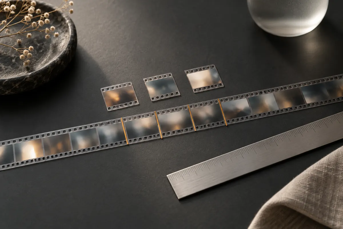 Ein Filmstreifen auf dunklem Tisch, drei Bilder sind herausgeschnitten und liegen darüber, daneben ein Stahllineal.