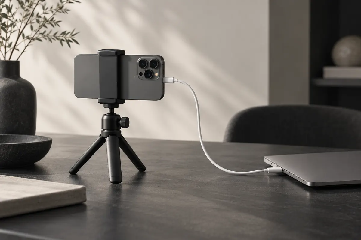 A smartphone on a small tripod, connected to a closed laptop by a white USB-C cable.