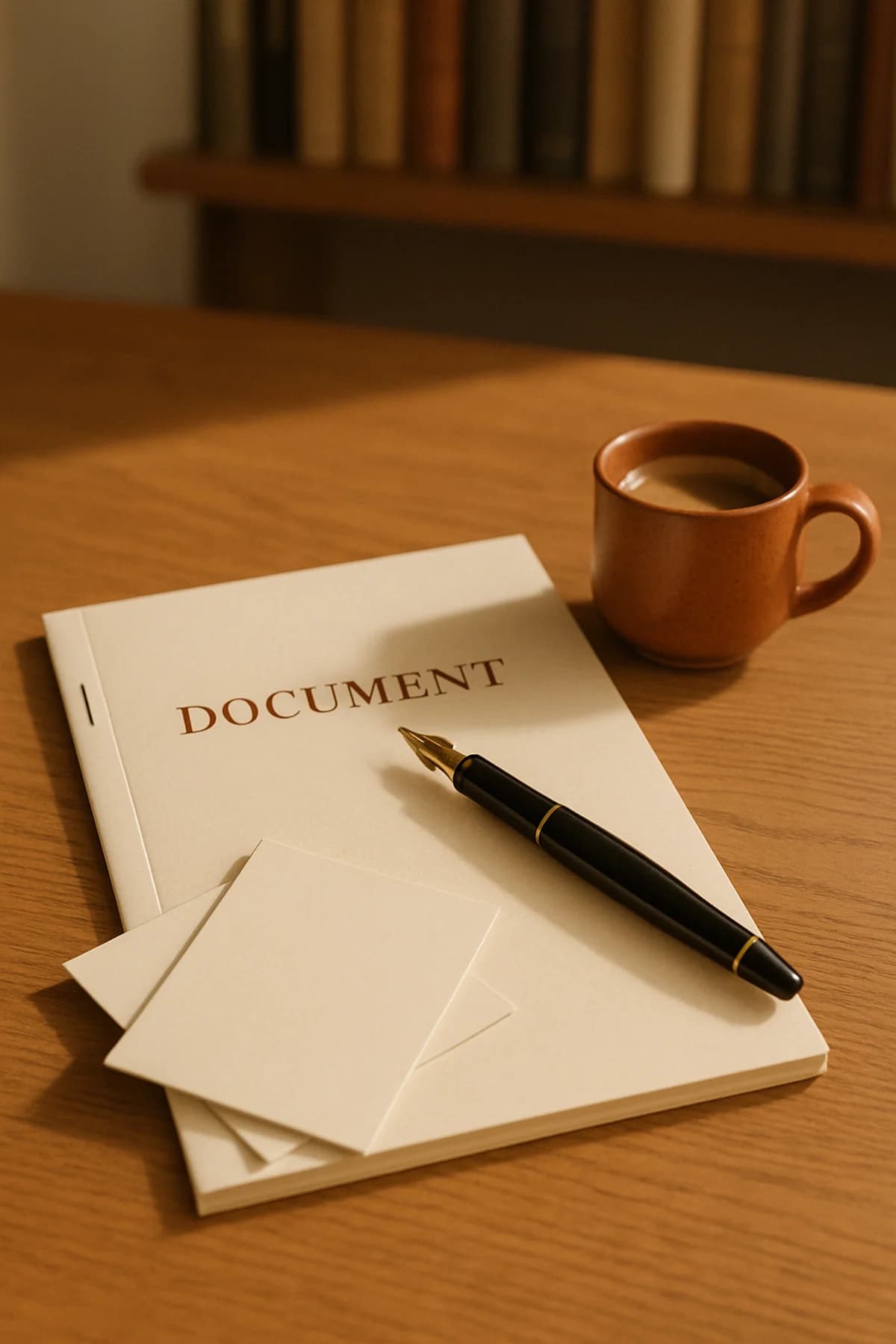 Editorial still-life: printed handout with index cards, fountain pen and espresso
