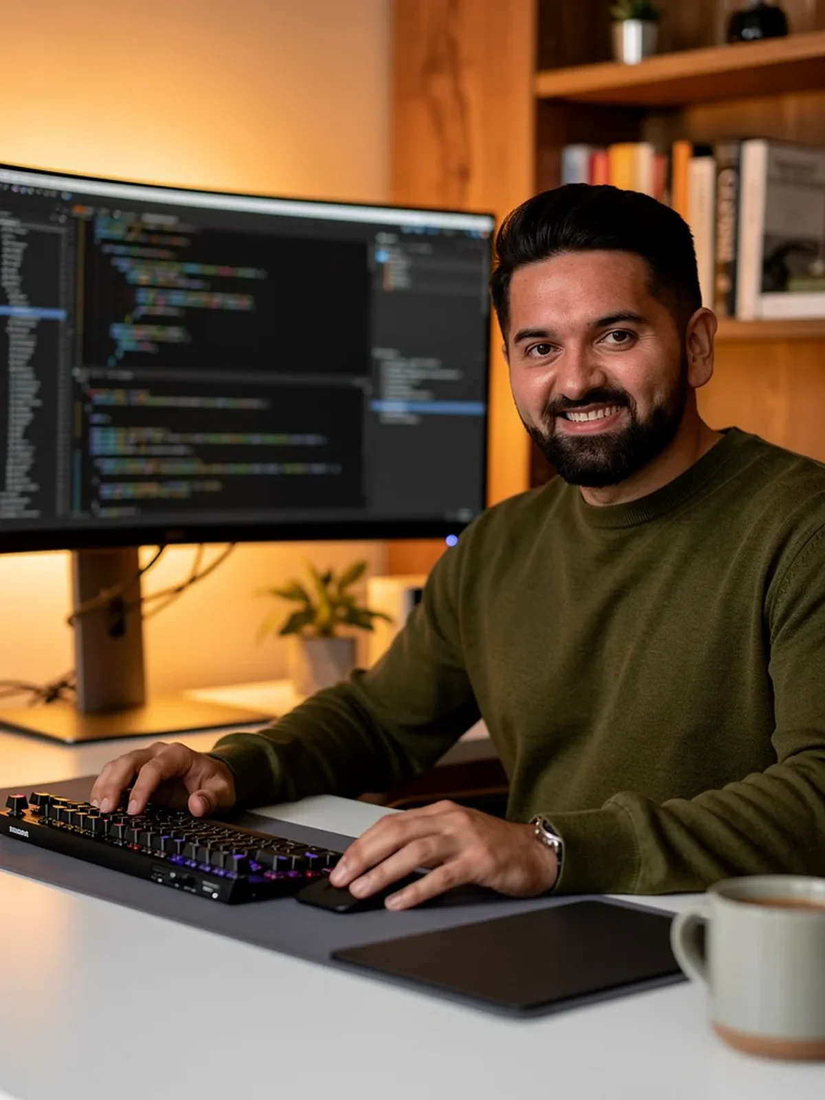 Bernhard Götzendorfer am Schreibtisch mit Code-Monitor und mechanischer Tastatur, fokussiertes Setup im warmen Homeoffice