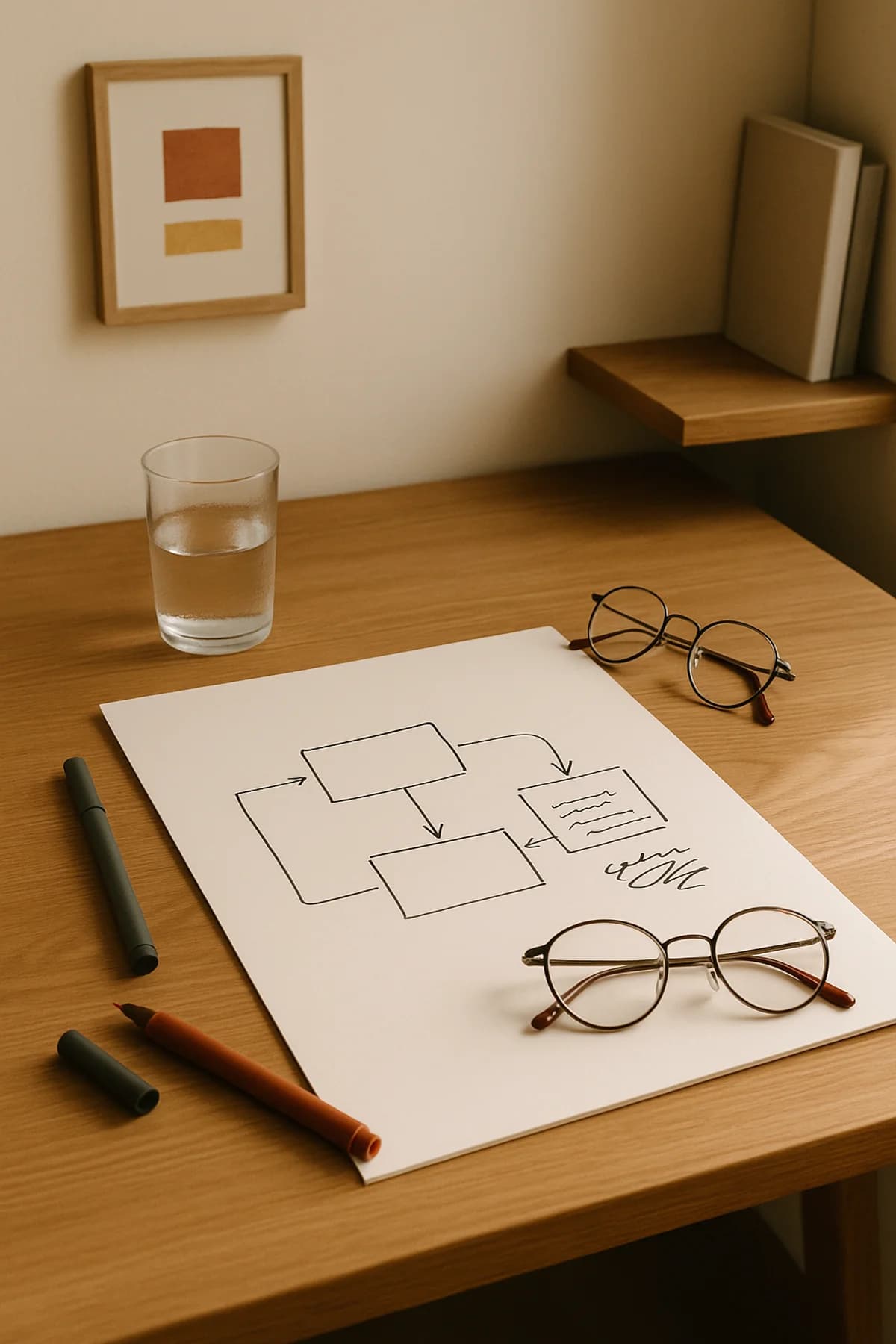 Editorial-Stillleben: handgezeichnetes Architektur-Diagramm auf Skizzenpapier, Marker und Brille auf warmem Holzschreibtisch