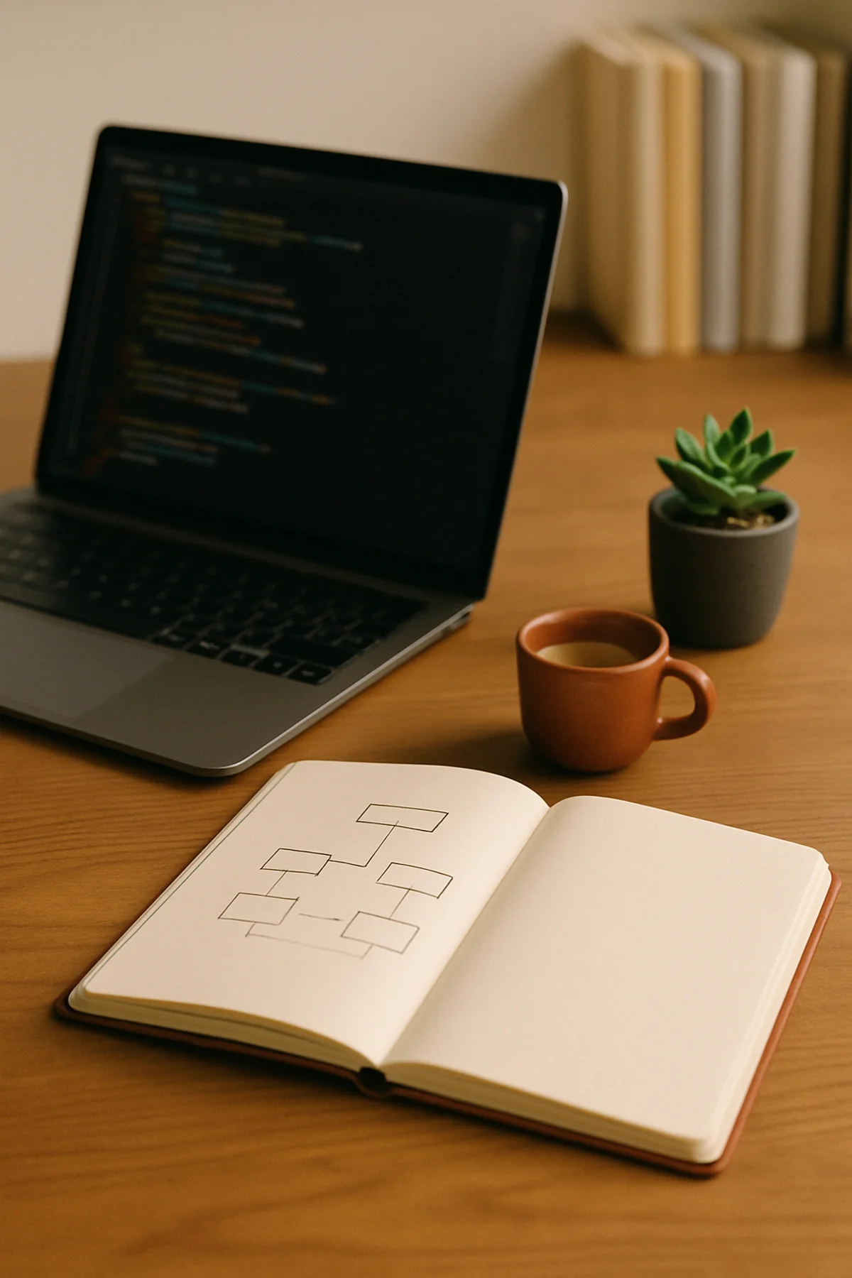 Editorial-Stillleben: aufgeklappter Laptop mit Code, Notizbuch mit Architektur-Sketch, Espresso und Sukkulente auf Holzschreibtisch