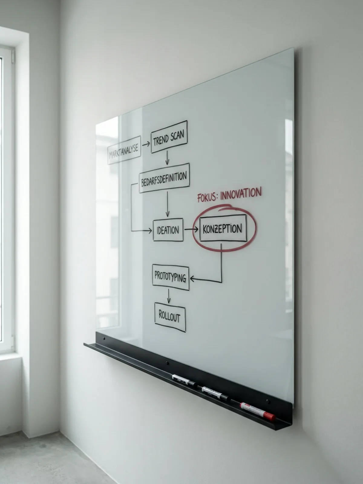Editorial photo of a strategy whiteboard with a hand-drawn decision tree, one node circled in Vienna red, cool off-white office