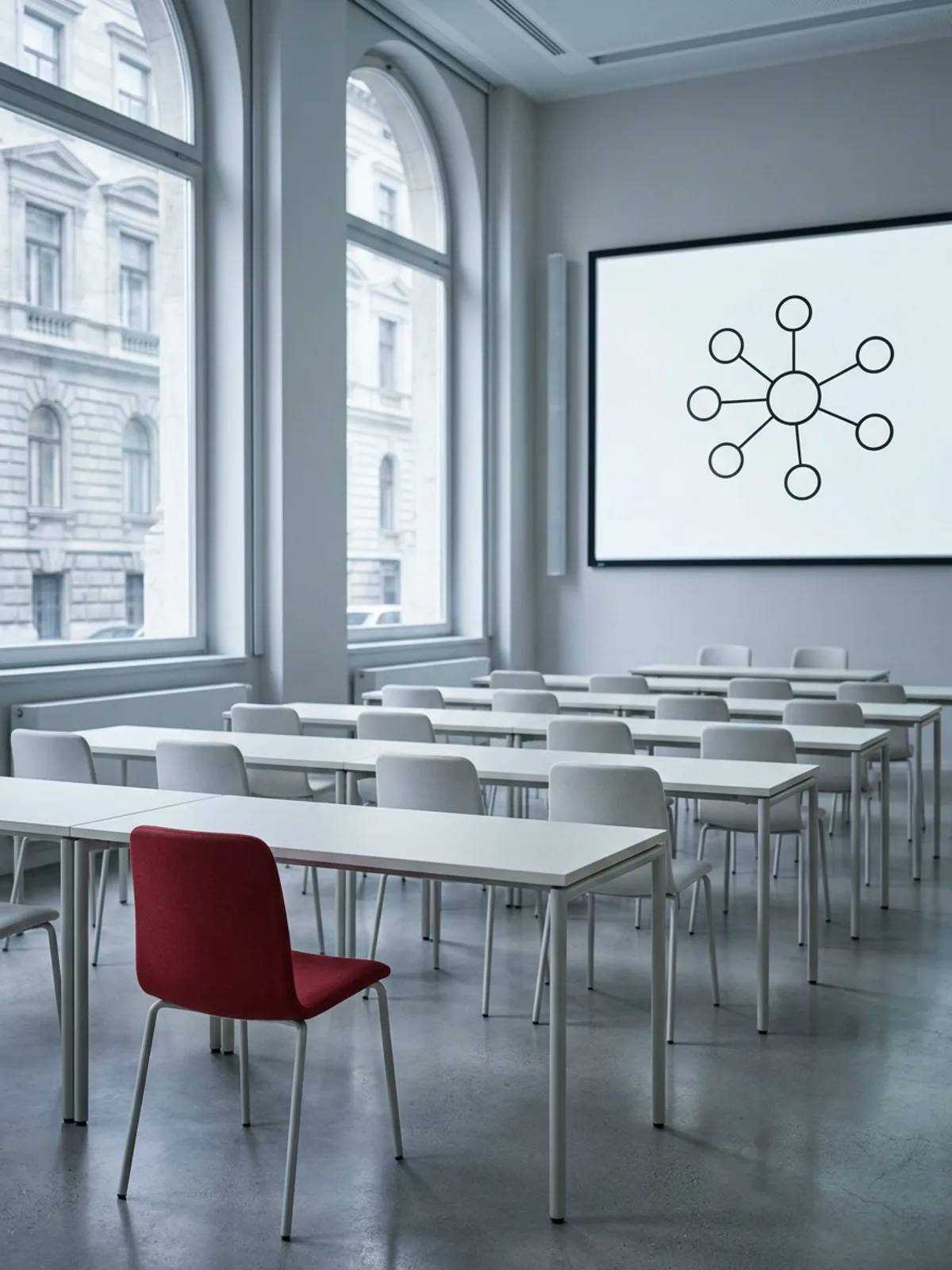 Editorial photo of an empty, bright training room with cool off-white desk rows and a single red chair as accent