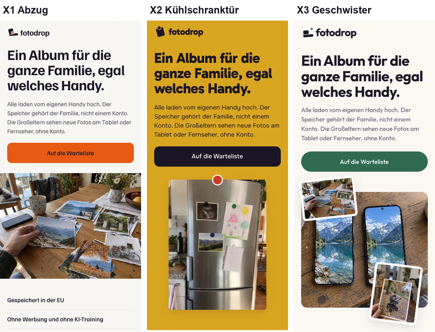 German-language mockup: three mobile FotoDrop landing pages side by side, Print, Fridge Door and Siblings, same copy