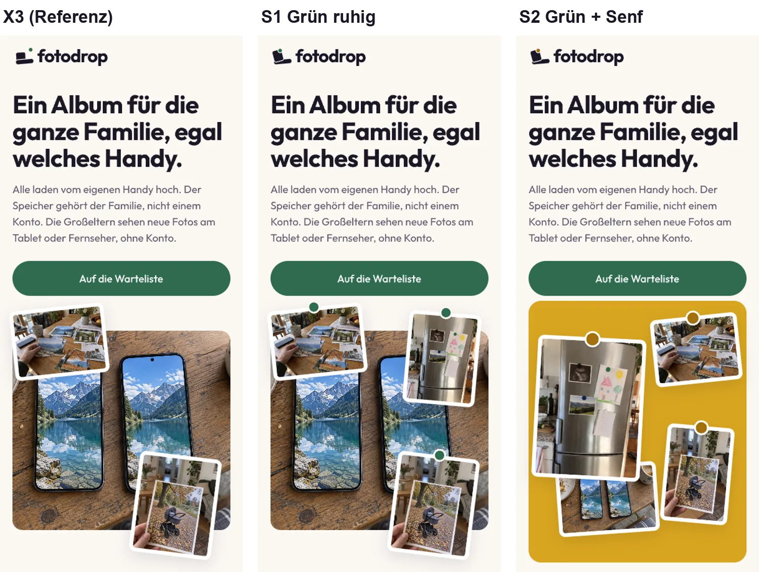 German-language mockup: X3 Siblings as reference next to the two syntheses, S1 Calm Green and S2 Green + Mustard