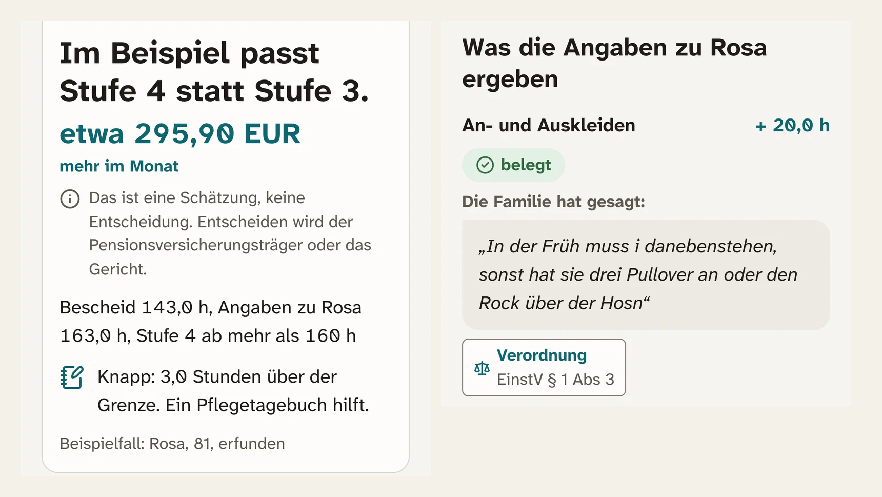 Two screenshots for Rosa: level 4 instead of 3, about 295.90 euros more a month, and her sentences with the rule